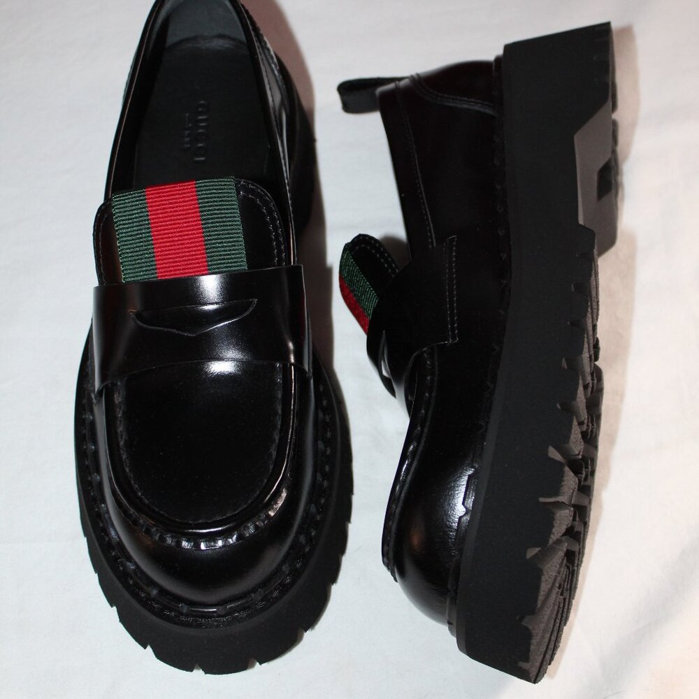 NWB GUCCI Lug Sole Penny Loafers Black Web Slip Ons 806399 - Picture 4 of 8
